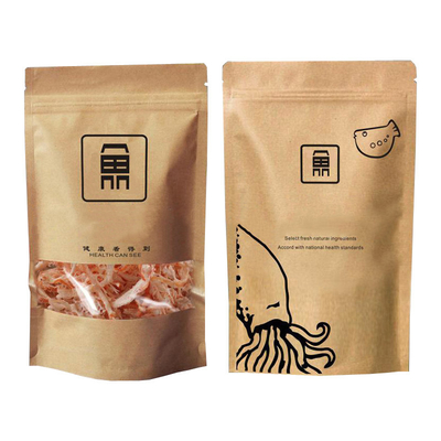 Купить Напечатанный Stand Up Kraft Paper Bag с молниеносной решеткой с матовым прозрачным окном для сухой морской упаковки online manufacture