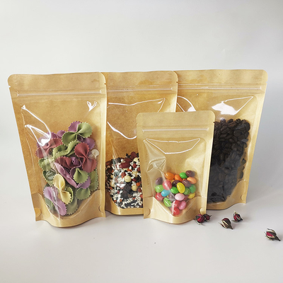 Передняя сторона Прозрачная Задняя сторона Коричневые Kraft Bags Стоять Kraft Pouches с ципочком для хранения упаковки продуктов питания